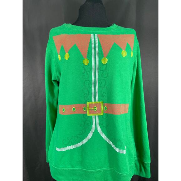 Ugly Christmas Sweatshirt, Green, Mock Elf Clothing, Bells, Belt, Vest Medium - Picture 5 of 6